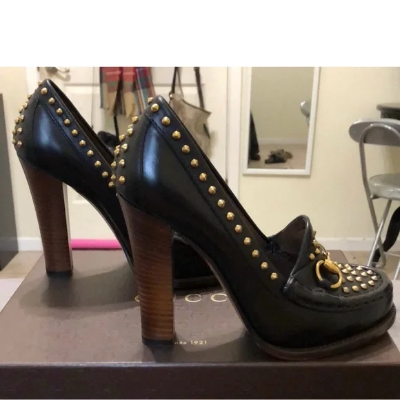 Gucci Black and Gold High Heels with Studded Embellishments